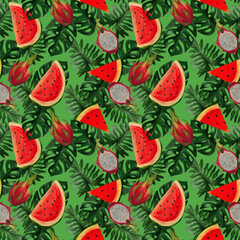 Modern seamless pattern with dragon fruit, watermelon, tropical leaves Summer vibes. Hand painted botanical illustration for textiles, packaging, fabrics
