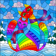 Obraz na płótnie Canvas An illustration in a stained glass style with a pair of funny cartoon rainbow cats against a winter landscape and sky 