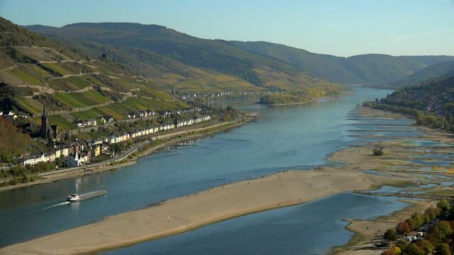 Rhine River at low water near Bacharach, Rhineland-Palatinate, Germany