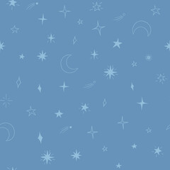 Fototapeta na wymiar Celestial seamless pattern with stars and moon on blue background. Texture for fabric, wrapping, textile, wallpaper, apparel. 