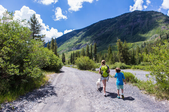 rear view of teenage girl and her younger brother crossing bridge over Slate River, Crested Butte, CO.