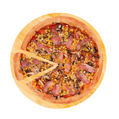 Tasty pizza with chicken breast, corn, bacon and mushrooms, with a slice slightly removed on a round wooden plate, isolated on white background