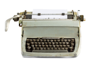 operator's view of a grungy old reporter's manual typewriter isolated on white