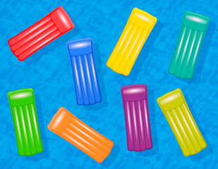 Inflatable colorful air mattresses floating in a blue water pool. symbol for summer fun, group travel or young and friendly vacation destinations. Vector illustration.
