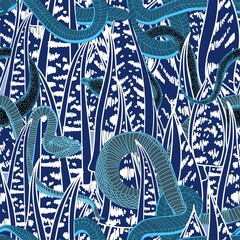 Exotic pattern with snakes. Reptiles pattern. Snakes in the grass. Blue drawing summer bright background. illustration