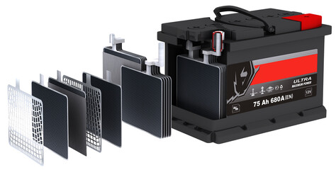 Car battery isolated. 3d rendering. 3d illustration. Inside or cross section of industrial battery. A cut of a car battery. 