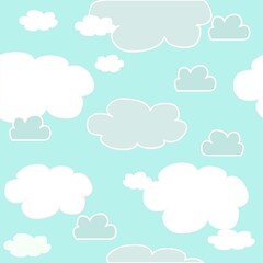 White clouds on a blue background, seamless pattern, vector drawing,  cloudy sky