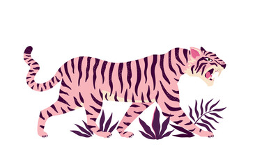 Fototapeta na wymiar Tiger and tropical leaves. Trendy vector illustration.