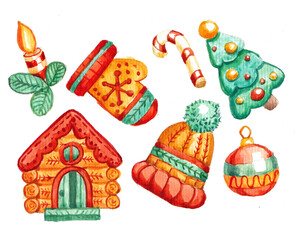 New year, house, knitted hat, mitten, Christmas tree, candle, Christmas ball, watercolor on white background, isolated