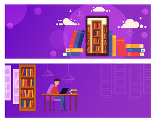 Banner Online Education for website. The guy is sitting at a laptop and studying against the background of bookshelves. A mobile phone with a library. Vector illustration in modern flat design.