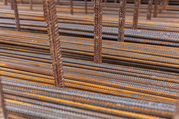 reinforcing steel bar background texture in construction site