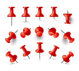 Collection of various red thumbtack. Different angle view. Realistic pins vector set. Vector illustration isolated on white background.