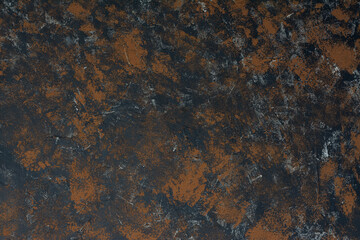 The concrete background looks like an old rusty baking sheet. Concrete wall background is black and brown. Background with black and brown spots
