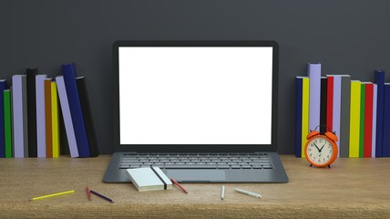 Back to school with laptop, notebook and alarm clock on wood student desk background mock-up with copy space on blank laptop screen. 3d rendering.