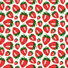 Seamless pattern of watercolor red strawberry with leaves. Fresh sweet food, dessert, berry. Hand drawn background for design print, greeting card, invitation, wrapping paper, textile, scrapbooking