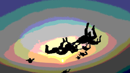 Skydiving team with filter posterized