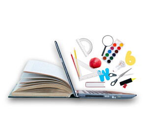 Open book with laptop and educations objects on the white background