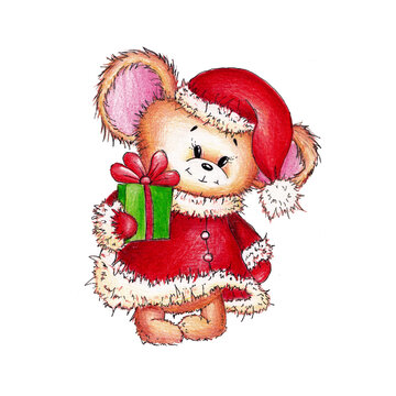 Red funny mouse, in a red cap, Santa's coat with a gift in his paw painted in watercolor on a white background, isolated
