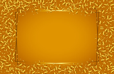 Vector graphics,delicate rectangl shiny frame with decorative glowing confetti  on a gold background.Design decoration,graphic element for greeting cards,invitation,poster,photo.