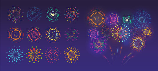 Set of festive fireworks. Vector colorful and monochrome celebration firework.