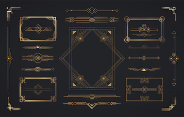 Set of Art Deco elements. Vector elements of geometric golden label frame, gold frames, vintage antique elegant design set.