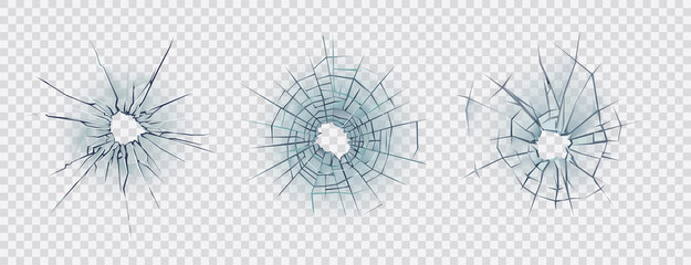 Broken glass. Set of cracked glass surface silhouette. Broken window or mirror after bullet. Vector illustration