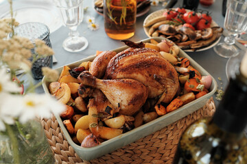 Close-up of turkey with fried potatoes on the holiday dinner prepared for Thanksgiving Day