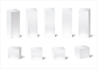 Blank white box mockup. Different positions of retail cardboard box for design or branding. Vector illustration isolated on white background.