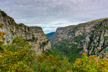 View of Vikos Gorge from View Point near Vikos Village. The Vikos Gorge is listed by the Guinness Book of Records as the deepest canyon in the world.