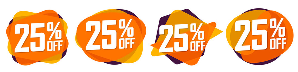 Set Sale 25% off bubble banners, discount tags design template, vector illustration