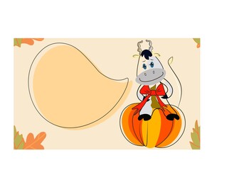 Cheerful cow sitting on a pumpkin.
Vector seamless pattern.