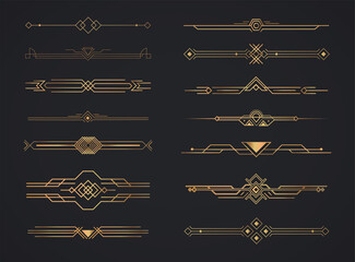Art deco golden headers. Set of Art deco calligraphic page decoration vignettes. Vector design golden art deco border template.