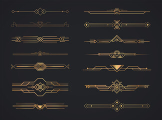 Art deco golden headers. Set of Art deco calligraphic page decoration vignettes. Vector design golden art deco border template.