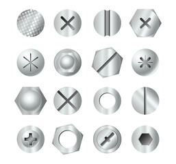 Metal bolt heads. Set of different screw heads types isolated on white background. Industrial top view bolts, screws, nails, rivets.