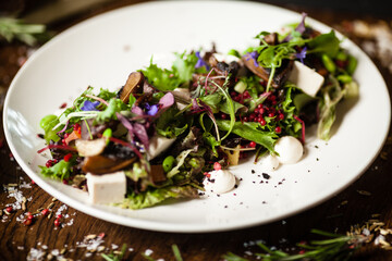 Fresh vegan salad. Avocado, couscous, melon, portobello, soybean, tofu on white plate. Delicious healthy mixed greens food closeup served on a table for lunch in modern cuisine gourmet restaurant.