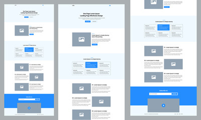 One page landing website design template for business. Landing page ux ui wireframe. Flat modern responsive design. website: home, about, services, features, subscribe, video, footer.