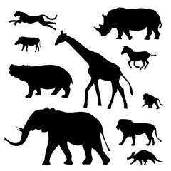 African animals silhouettes set. Vector tropical animals collection.