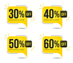 30%, 40%, 50% and 60% off. Set of tag discounts. Banner with four yellow square balloons with special offers vector.