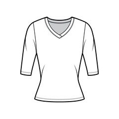V-neck jersey sweater technical fashion illustration with elbow sleeves, close-fitting shape. Flat outwear apparel template front white color. Women, men unisex shirt top CAD mockup