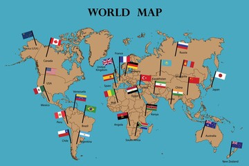 Map of world and Flags of World countries drawing by illustration. Countries names and flags marked on map