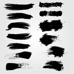 Big collection of black paint, ink brush strokes, brushes, lines, grungy. Dirty artistic design elements, boxes, frames. Vector illustration. Isolated on white background. Freehand drawing.