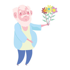 happy grandparents day, old grandfather with bunch flowers cartoon