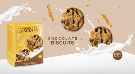 Realistic biscuits packaging with splash milk, delicious cookies with chocolate, sweet dessert, vector illustration, packaging mockup, 3d box 