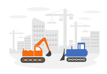 Vector illustration of a construction site with a bulldozer and excavator.