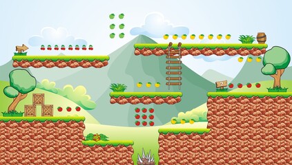 Tileset Platform for creating Game - A set of layered vector game asset, 
contains background, ground tiles and several items, objects, decorations,
used for creating mobile games
