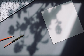 Stylish workspace with laptop, empty white paper mock up, pen, floral shadows on gray background....