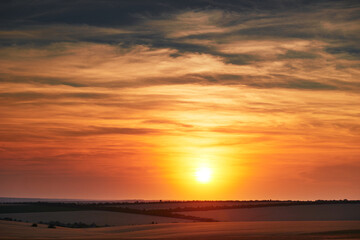 Naklejka na ściany i meble wheat field in a beautiful sunset, sunlight and clouds