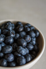 Macro of freshly picked blueberry in white bowl on grey background. Sweet ripe berries close up 