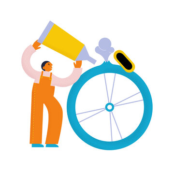 Man Holding Glue Tube In His Hands. Bicycle Punctured Wheel. Bike Service. Textured Flat Vector Illustration