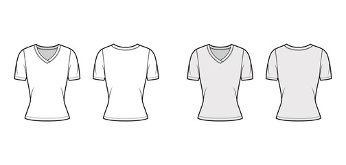 V-neck jersey t-shirt technical fashion illustration with short sleeves, close-fitting shape. Flat sweater apparel template front, back white grey color. Women, men, unisex outwear top CAD mockup